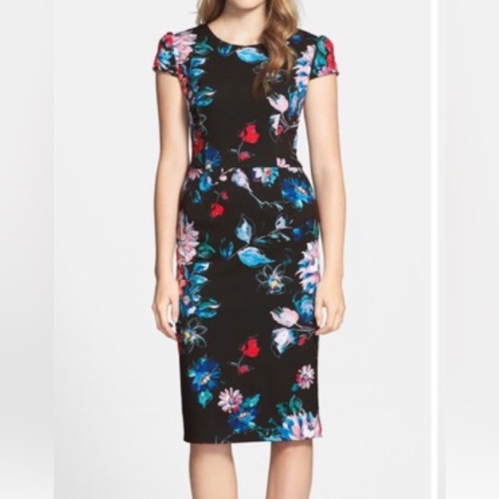 DRESS - Women's Betsey Johnson Black Multicolored Floral Print Sheath Dress. 6.